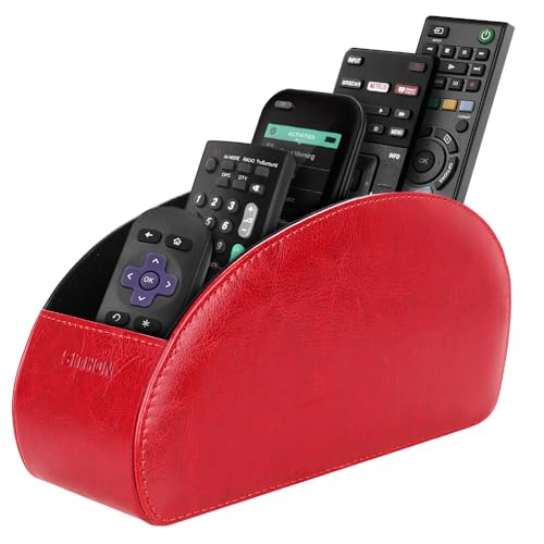 Image of SITHON Remote Control Holder with 5 Compartments - PU Leather Remote Caddy Desktop Organizer Store TV, DVD, Blu-Ray, Media Player, Heater Controllers, Red