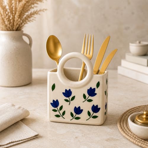Image of Ceramic Utensil Holder with Blue Floral Pattern, White Kitchen Organiser, Cutlery Set Holder
