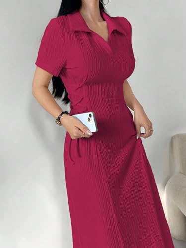 Image of Shasmi Women's Solid Color Applique Lace-Up Collared Short Sleeve, Side-Tie Waist Long Casual Maxi Women Dress Outfit Long Evening Midi Western Party Dress for Women (Dress 211)