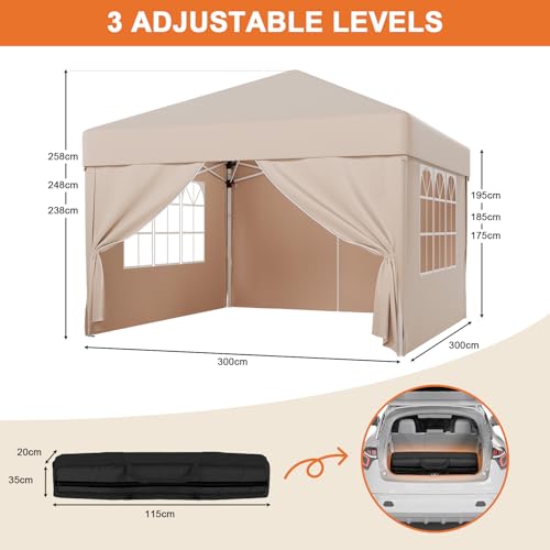 JUMMICO 3m x 3m Pop Up Gazebo, Waterproof Garden Canopy Tent with Sides, UV50+, Height Adjustable, Event Shelter for Weddings, Parties, Markets, Beige 3 JUMMICO 3m x 3m Pop Up Gazebo, Waterproof Garden Canopy Tent with Sides, UV50+, Height Adjustable, Event Shelter for Weddings, Parties, Markets, Beige - Image 3