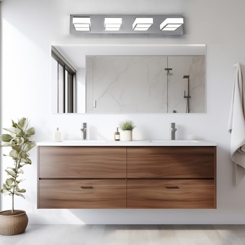 Image of Modern 4 Light Long Bathroom Lamp - Chrome Stainless Steel Acrylic LED Vanity Sconces for Bedroom, Living Room, Kitchen (Cool White 6000K)