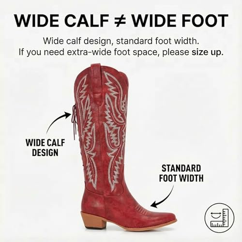 Image of Uillnoodu Wide Calf Cowboy Boots Women Adjustable Lace Up Knee High Tall Plus Size Cowgirl Boots Western Style Comfortable 2-Inch Heel