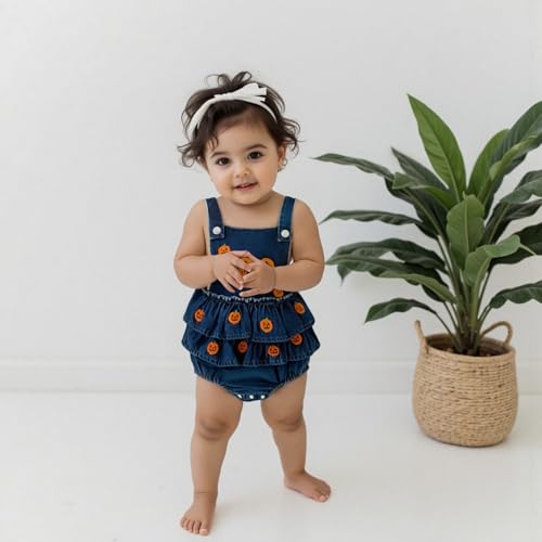 Newborm Baby Girl Halloween Outfit Jeans Denim Romper Pumpkin Ghost Embroidered Ruffle Overall Jumpsuit Fall Clothes3