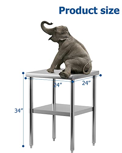 Stainless Steel Work Table 24" x 24" with Undershelf, [NSF Certified][Heavy Duty] Commercial Kitchen Prep Table for Home, Restaurant, Hotel, Silver