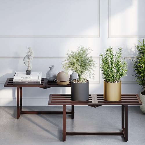 Rioneta Plant Stand Indoor Outdoor Foldable Metal Plant Shelf for Multiple Pots Mid Century Slatted Bench for Patio Garden Heavy Duty Capacity 330 lbs 2 Pack Coffee