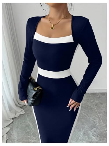 Image of SOLY HUX Women's Midi Dress Color Block Square Neck Long Sleeve Bodycon Dresses