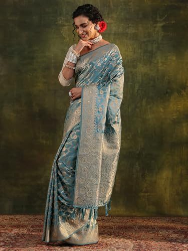 Image of Libas Woven Design Satin Saree for Women With Unstitched Blouse Piece | Traditional Saree for Festive & Wedding
