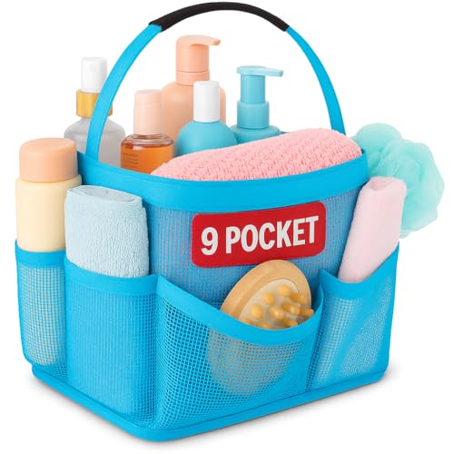Masirs Mesh Shower Caddy Bag - (9 Pocket) Large Collapsible, Portable Bathroom Organizer for Travel, Gym, & Dorm - Easily Carry & Organize Bathroom Toiletry Essential (Blue)