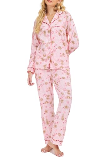 Image of LUBOT Christmas Pajamas for Women 100% Cotton Pajama 2 Piece PJ Set Soft Long Sleeve Button Xmas Print Loungewear XS-XXL