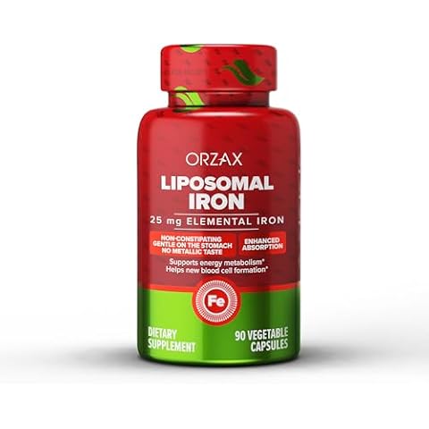 ORZAX Iron Supplement 25 mg -Liposomal Technology- High Bioavailability 90 Vegetable Capsules, Helps New Blood Cell Production, Non-Constipating, Non-GMO & Gluten Free, for Women, Men, Adults Cover