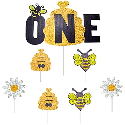 Bee One Happy Birthday Cake Topper - Happy 1st Bee Day Cake Topper - Bumble Bee Baby's First Birthday Cake Topper - Spring Honey Bee Wild One Birthday Party Supplies Cover