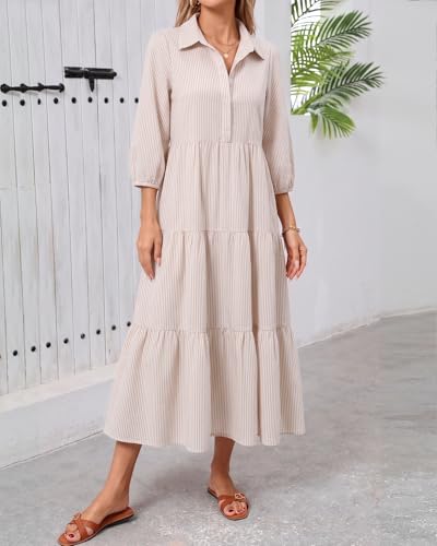 Image of Women Button Down Maxi Shirt Dress Long Sleeve Flowy Tiered Collared Dresses with Pockets