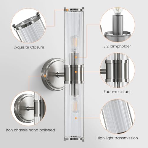 Image of Bathroom Sconce Wall Lighting - Nickel Bathroom Vanity Light Fixture Vertical and Horizontal Wall Mount 2-Light Modern Indoor Wall Light for Hallway Living Room(E12 Bulbs Excluded)