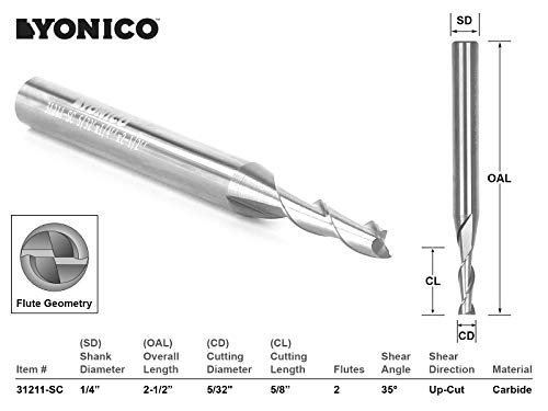 Image of YONICO Upcut Router Bits Spiral 2 Flute Solid Carbide CNC End Mill 5 /32-Inch Dia. 1 /4-Inch Shank 31211-SC