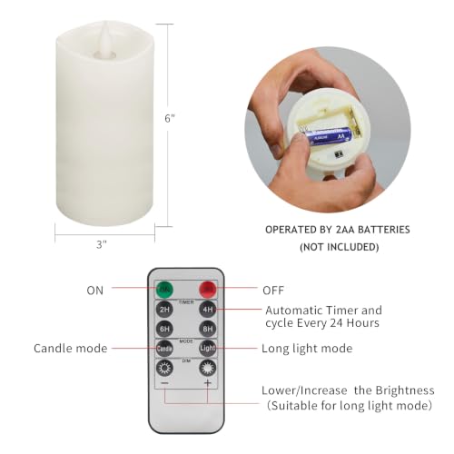 Image of Flameless LED Candles 3 inchx6 inch Set of 2, Battery Operated with Remote & Timer, 600-Hour on 2 AA Batteries, Flickering Realistic Flame, White for Indoor /Outdoor
