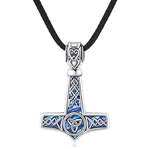 Norse Viking Thors Hammer Talisman Necklace 925 Sterling Silver Abalone Shell Vintage Rune Amulet Noridc Jewelry Gift for Women Men Mothers Day Gifts