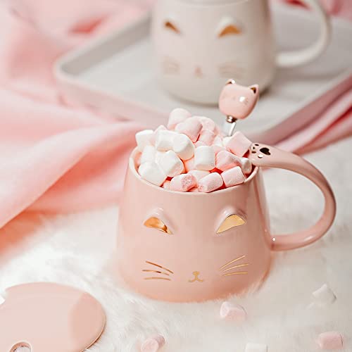 SHENDONG Pink Cat Mug Cute Ceramic Coffee Cup with Kawaii Lid and Lovely Stainless Steel Spoon Novelty Morning Cup Coffee Milk Tea Mugs - Image 4