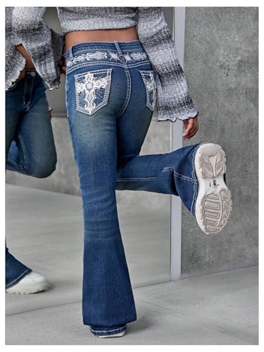 WDIRARA Girl's Embroidery Flared Jeans Low Rise Stretchy Bootcut Denim Pants3