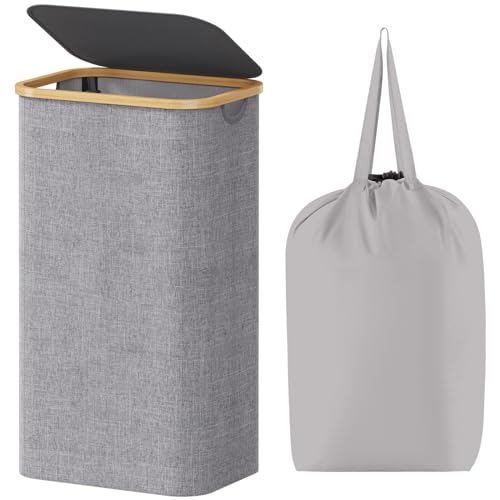 Image of Lifewit 100L Laundry Basket with Lid, Clothes Hampers for Laundry with Bamboo Handles and A Removable Laundry Bag, Large Foldable Laundry Hamper for Bedroom, Bathroom, Dorm, Laundry Room, Light Gray