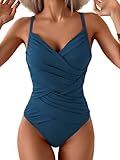 B2prity One Piece Swimsuit Tummy Control Criss Cross Bathing Suit Slimming Ruched Swim Suit Push Up V Neck Swimwear Peacock Green