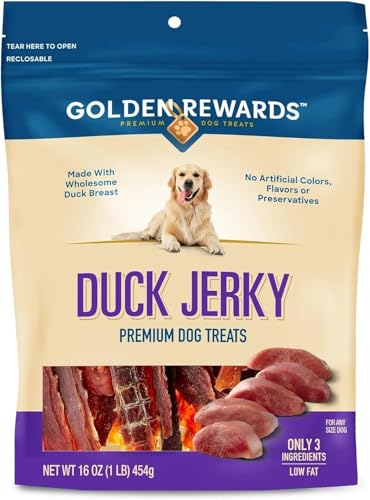 Golden|Rewards Duck Jerky Dog Treats 16 oz Bag Real Duck Breast Only 3 Ingredients Low Fat Grain-Free No by-Products No Corn Wheat or Soy Natural High Protein Chews for All Dog Sizes