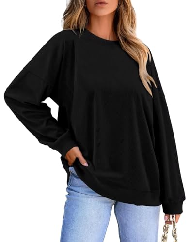 KISSMODA Women's Casual Long Sleeve Sweatshirt Color Block/Solid Crewneck Corduroy Pullover Cute Tops