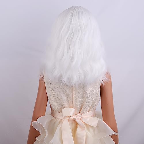 Image of PATTNIUM Kids White Wig Short Curly Wavy White Girls Wig with Bangs Bob Synthetic Hair Wigs