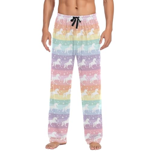 Men’s Rainbow Horse Stripe Pajama Pants with Pockets, Comfortable Lounge Sleep Bottoms#59