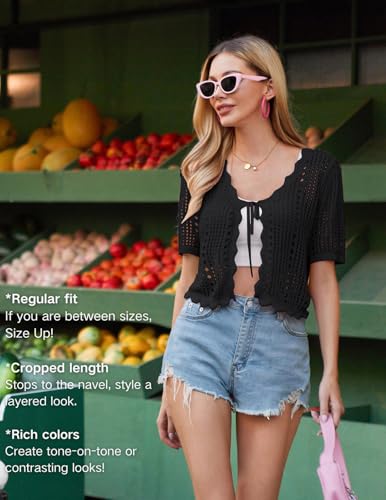Image of Kate Kasin Women Crochet Shrug Knit Sweater, Short Sleeve Cropped Cardigan | Tie Front Tops Light Weight, Knit Cover Up Arm Bolero For Evening Dresses Dressy Casual, Ladies Eyelet Shawl Thin Formal