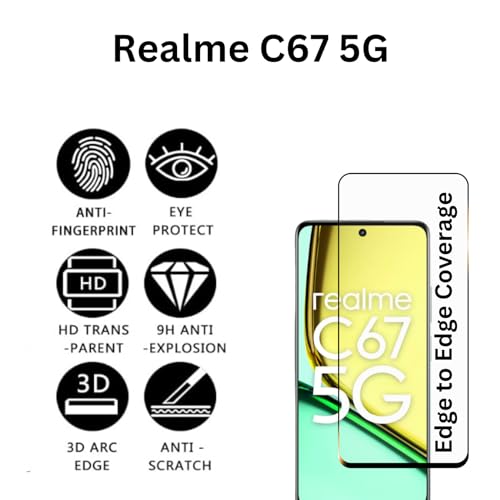 Image of compatible with Realme C67 5G Tempered Glass [with warranty] screen protector guard Full Edge to Edge 9H Full Glue FHD with Easy Installation kit - Pack of 1 (Realme C67)