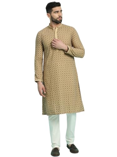 Image of Rajubhai Hargovindas Men's Chikankari Embroidered Cotton Kurta (Ches)