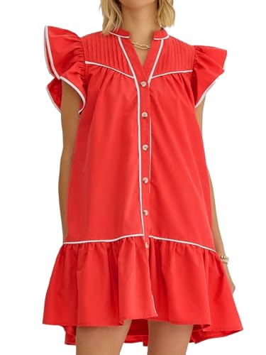 HOULENGS Women's Summer Ruffle Cap Sleeve Flowy Short Dresses Button Down V Neck A Line Babydoll Mini Dress with Pockets