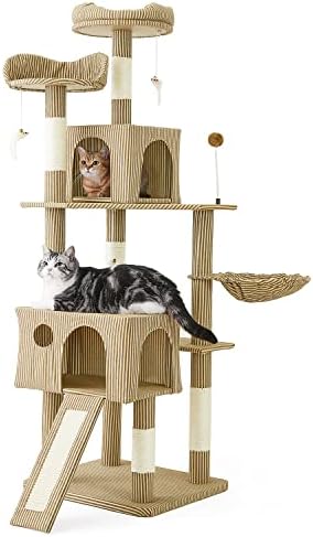 （09:00時点） AIFY キャットタワー 据え置き スリム 大型猫 大型 中型 多頭飼い ハンモック おしゃれ かわいい 爪とぎ おもちゃ 猫タワー ねこ 安定 頑丈 爪研ぎ 麻紐 子猫 シニア 省スペース ファブリック素材 夏 オールシーズン 年中使える 170cm ストライプブラウン