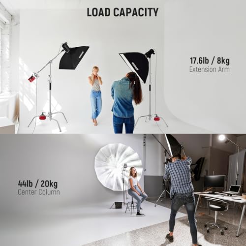 Image of NEEWER Basics 100% Stainless Steel Heavy Duty C Stand with Boom Arm, Max 10.5ft /320cm Photography Light Stand, 4.2ft /128cm Holding, 2 Grip Heads for Studio Monolight Softbox Reflector, SC320 Lite