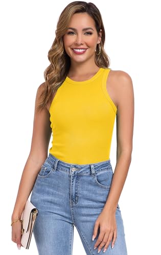 Qaffier Tank Top for Women High Neck Sleeveless Slim Fitted Summer Workout Tops Cotton Ribbed Racerback Shirts4