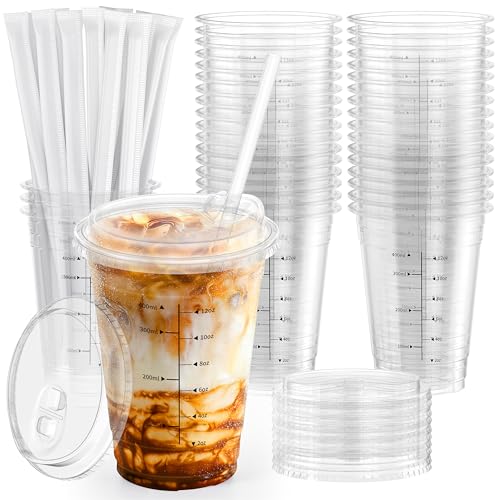 100 Pack - 16 oz Ratio Lines Iced Coffee Cups with Lids & Straws No Guessing for Consistent Drinks Disposable Clear Plastic Cups with Lids and Straws for Coffee Smoothies Juice Parties Food Safe