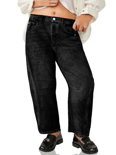 Beautife Womens Plus Size Barrel Jeans Baggy Boyfriend Mid Rise Wide Leg Cropped Ankle Horseshoe Denim Pants