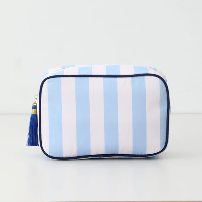 Threadart Personalized Striped Cosmetic Bag with Embroidery - Beige Stripes – Custom Name on Makeup & Toiletry Pouch for Travel, Gifts, Bridesmaids, Moms & Daughters – 10"x6"x4"