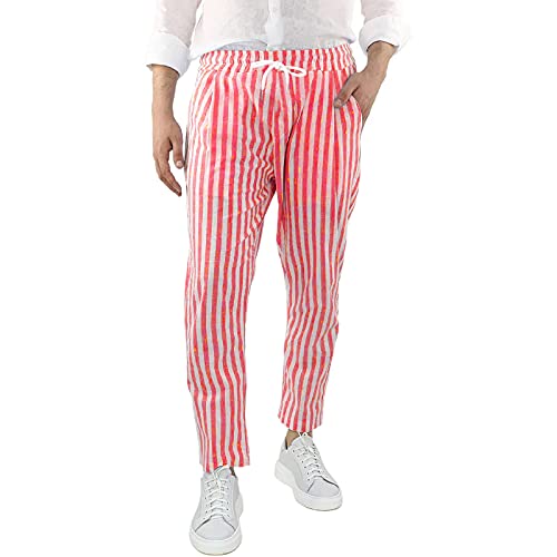 Pantalon en coton et lin pour homme - Imprimé rayé - Pantalon de plage d'été - Pantalon à jambe droite - Pantalon de détente léger - Pantalon de...