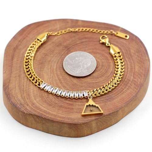 Image of Ladies Gold Double Cuban Chain, Tennis Zircon Charm Mountain /Round Mustard Seed Pendant Bracelet for Women Mom Religion Faith Jewelry