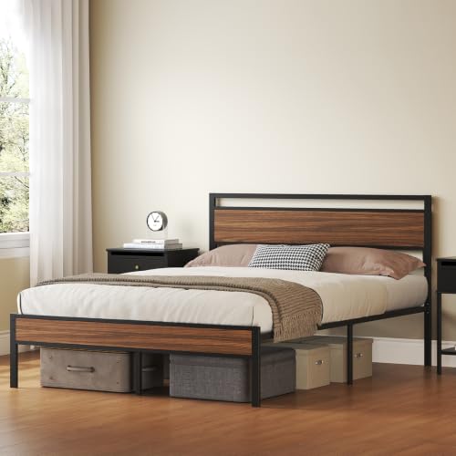 Image of 14 Inch Queen Size Metal Platform Bed Frame with Wood Headboard&Footboard | Easy Assembly Structure, Spacious Underbed Storage, No Noise Design, No Box Spring Required, Camas Queen, Walnut