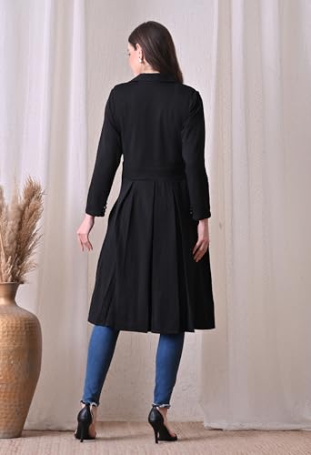 Image of Women's A-Line Long Blazer Dress | Cotton Blend Formal Office Wear Jacket Dress | Double Button Lapel Collar Long Coat | Casual, Business, Party & Winter Wear | Black & Purple
