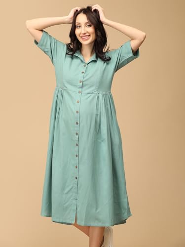 Image of The Mom Store Maternity & Nursing Midi Dress for Women | Pregnancy & Postpartum Wear | Cotton Flex Dress for New Mom | Trendy Stylish Comfortable Feeding Dress for Womens | Causal Office Formal Wear