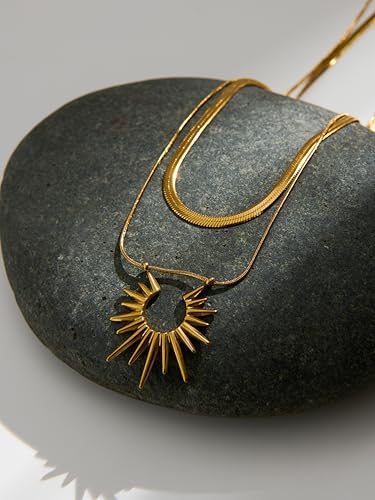 Gold Layered Necklace for Women, 14K Gold Plated Solar Pendant Necklaces Chunky Herringbone Chain Necklaces, Cuba Chain Chocker Waterproof Collarbone Chain Punk Jewelry4