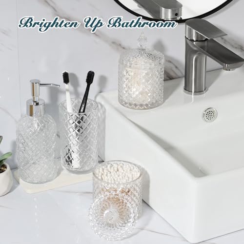 RYTOXILO Bathroom Accessories Set, 4 Pack Clear Glass Bath Accessory Sets Complete, Diamond Soap Dispenser and Toothbrush Holder Set for Bathroom Counter Sink, Boho Modern Bathroom Decor