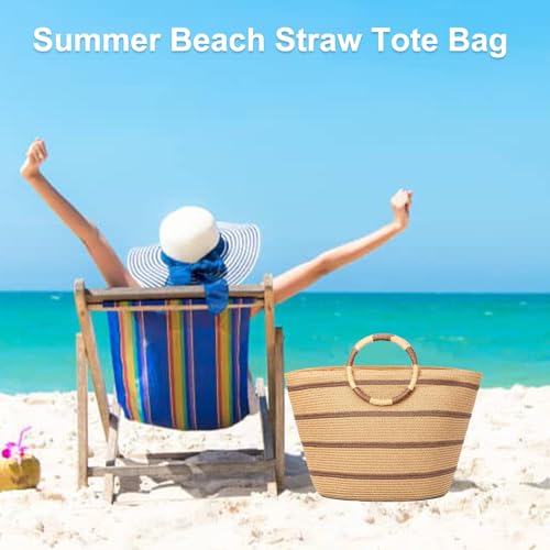 Image of Beach Bags for Women Straw Tote Bag Summer Beach Bag Large Woven Straw Tote for Vacation Holiday