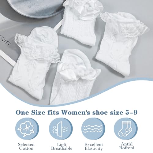 2 Pairs White Ruffle Socks for Women Turn-Cuff Lace Frilly Ankle Sock Comfortable Cotton Princess Socks4