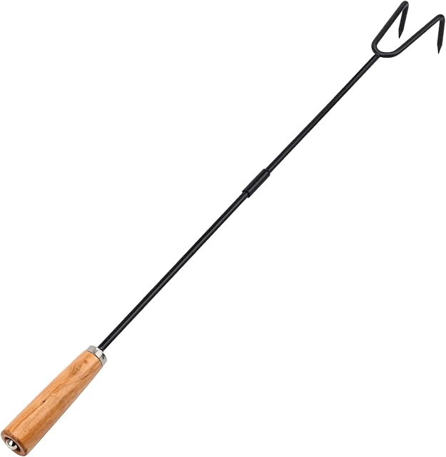83 cm Fire Pit Poker, Black Steel Fireplace Poker for Indoor Outdoor Use, Detachable Fire Poker with Heat Resistance Wood Handle, and 2 Tips Camping Fireplace Tool for Stove, and BBQ Use