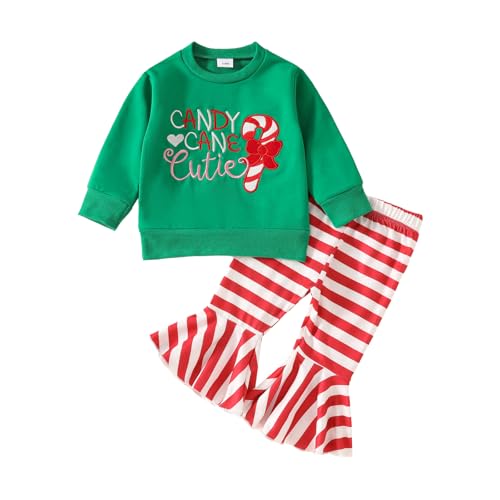 FIOMVA Toddler Baby Girl Christmas Outfits Infant Candy Cane Sweatshirt Bell Bottoms Set Flare Pants Fall Winter Clothes (A Candy Cane Green, 2-3T)