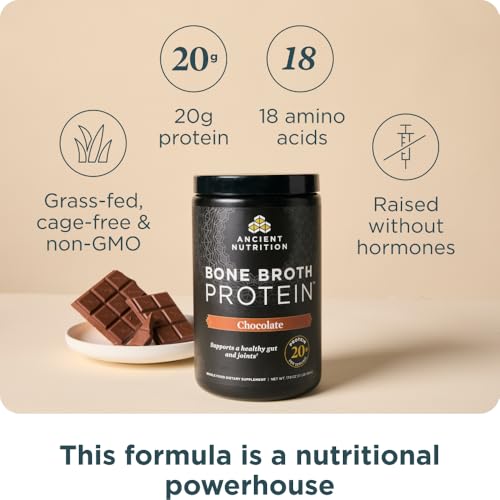 Image of Ancient Nutrition Protein Powder Made from Real Bone Broth, Chocolate, 20g Protein Per Serving, 20 Serving Tub, Gluten Free Hydrolyzed Collagen Peptides Supplement, Great in Protein Shakes